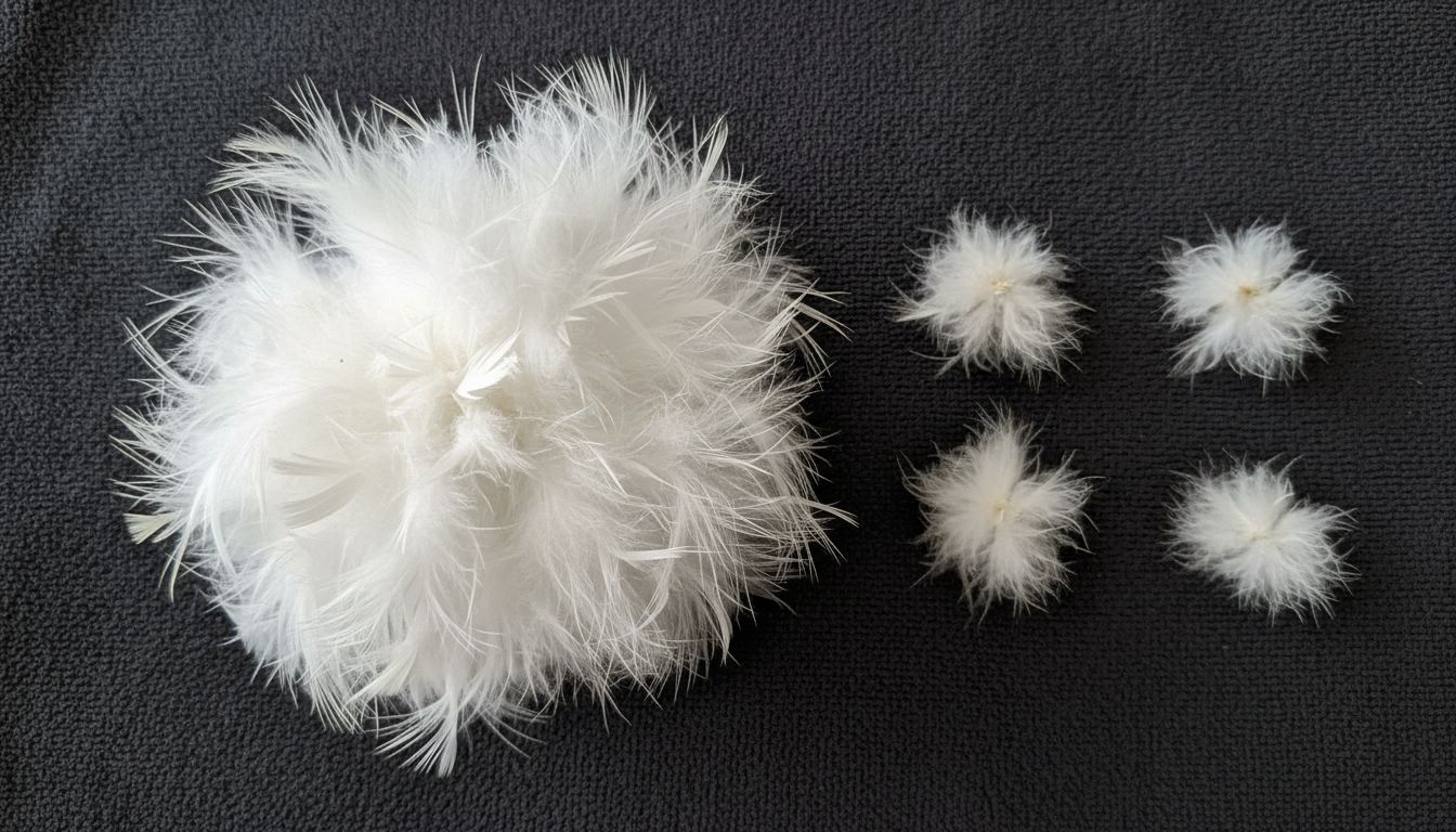 머스코비 덕 다운 클러스터와 일반 오리털 클러스터 크기와 밀도 차이를 보여주는 이미지