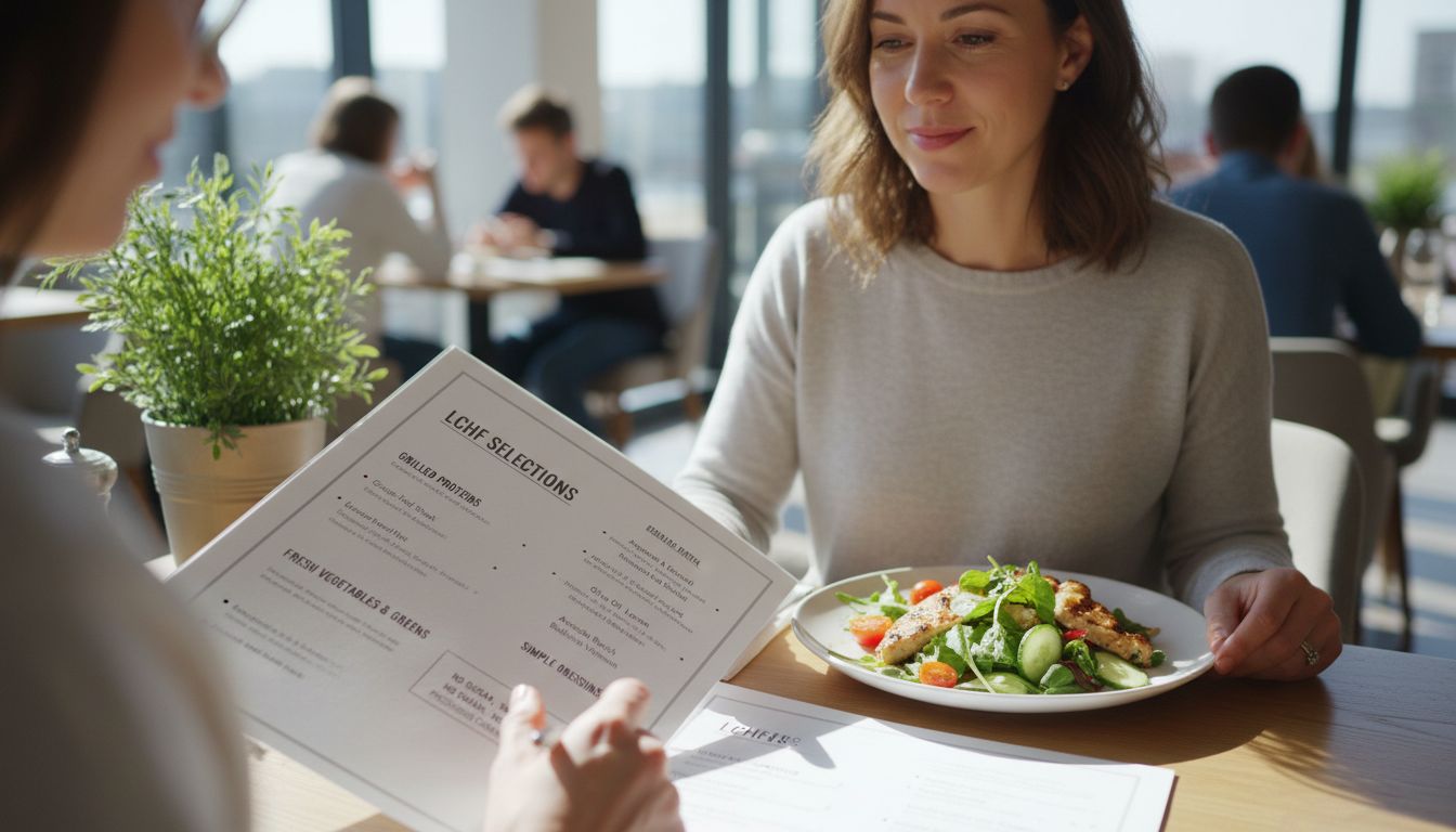 저탄고지 식단 원칙에 맞는 식당 메뉴판과 건강한 외식 선택 장면