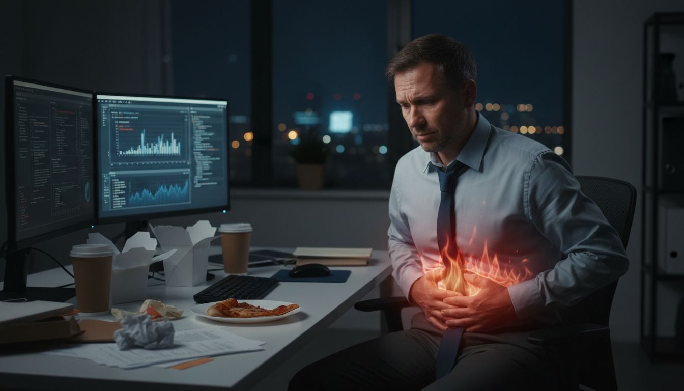 위의 쓰라림과 더부룩함으로 불편해하는 사람의 모습