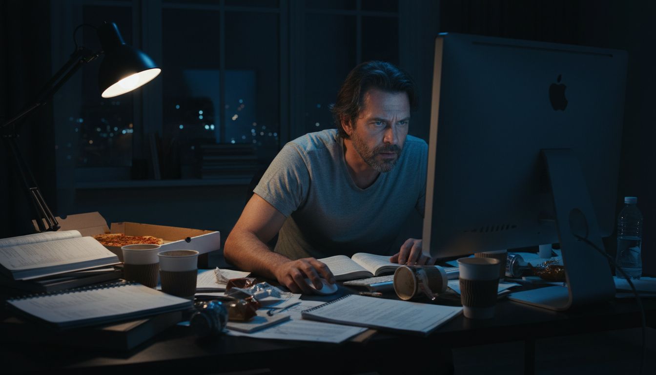 마감 임박한 업무로 늦게까지 집중하는 성인 남성의 모습