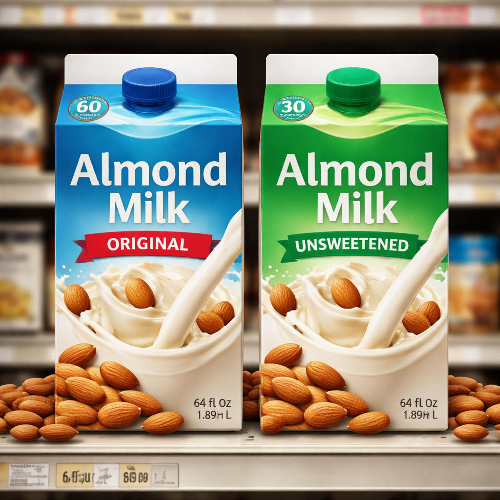 마트 매대에 오리지널과 언스위트 아몬드브리즈 두 팩이 함께 놓여 있고, 주위에 아몬드가 흩어져 있는 모습