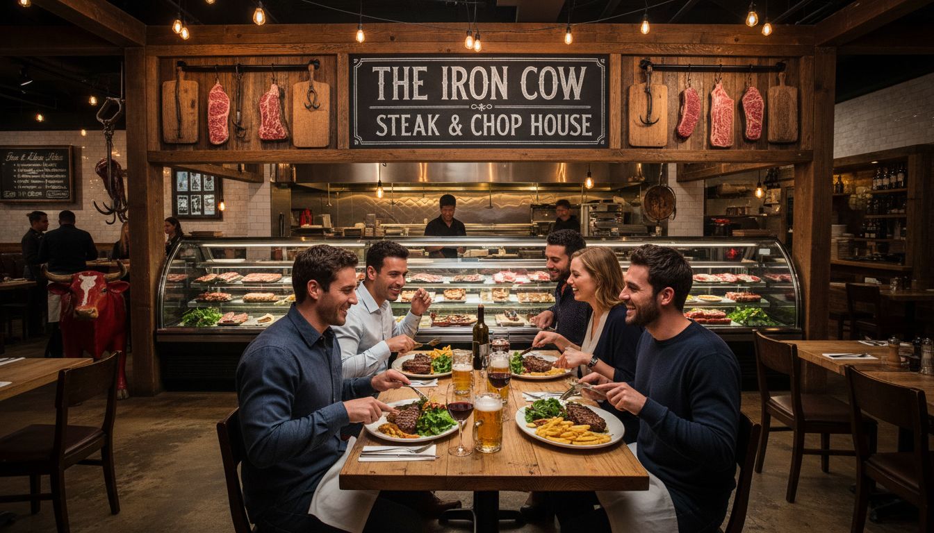 플랫 아이언의 활기차고 캐주얼한 도살장 콘셉트 내부와 친구들이 스테이크를 즐기는 모습