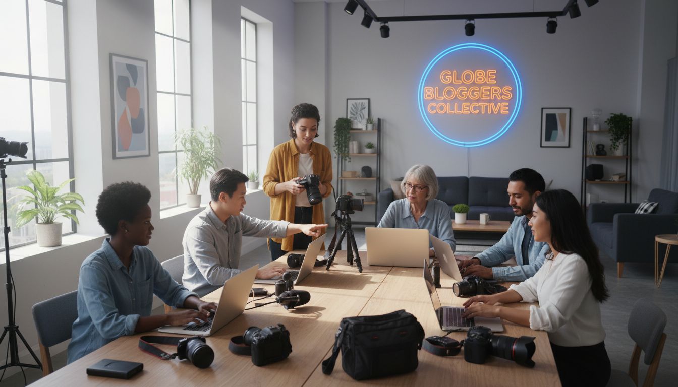 세계적인 블로그 제작 팀이 현대적인 스튜디오에서 노트북과 카메라를 사용하며 협업하는 모습
