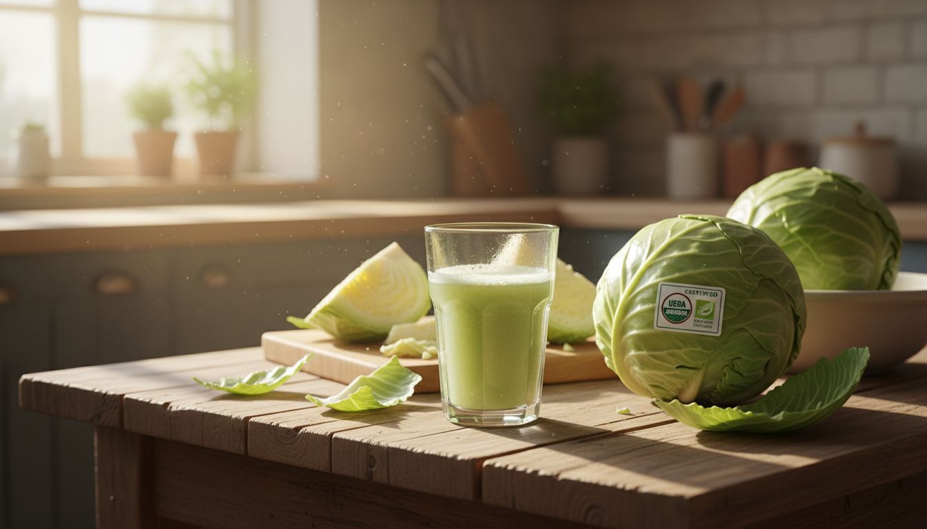 아침 햇살이 비치는 주방에서 신선한 유기농 양배추즙 한 잔이 나무 테이블 위에 놓여 있는 모습