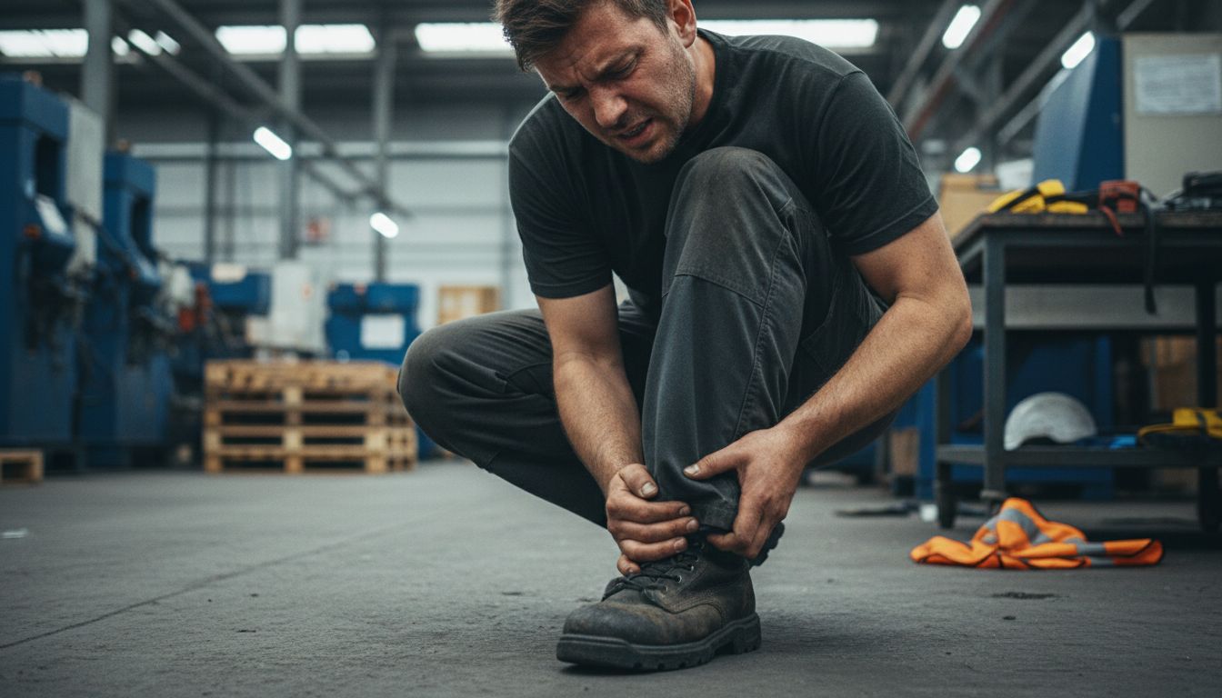 긴 시간 서서 일한 후 발 통증으로 고통스러워하는 사람의 모습