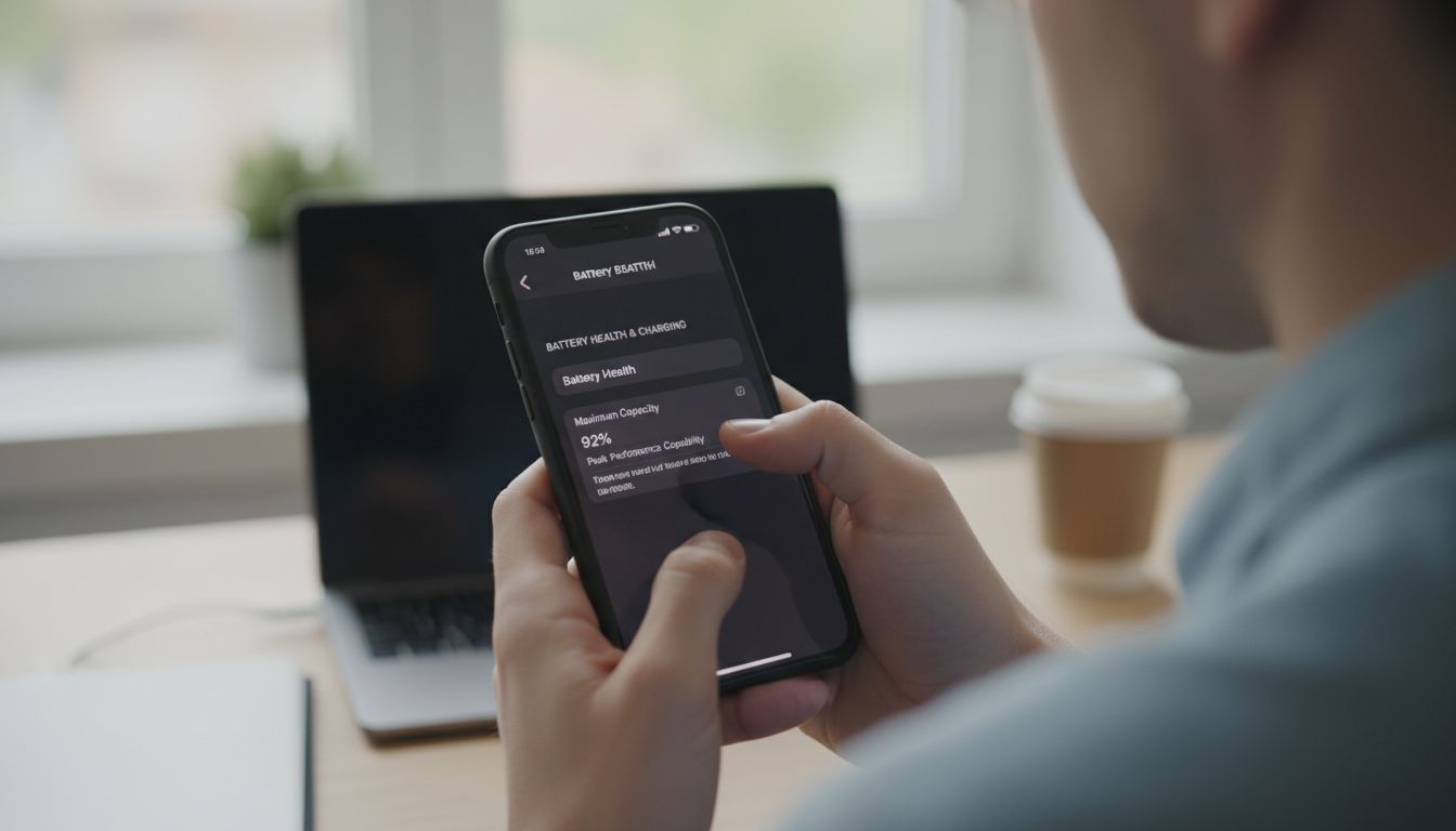 아이폰 설정 화면에서 배터리 성능 상태를 확인하는 장면