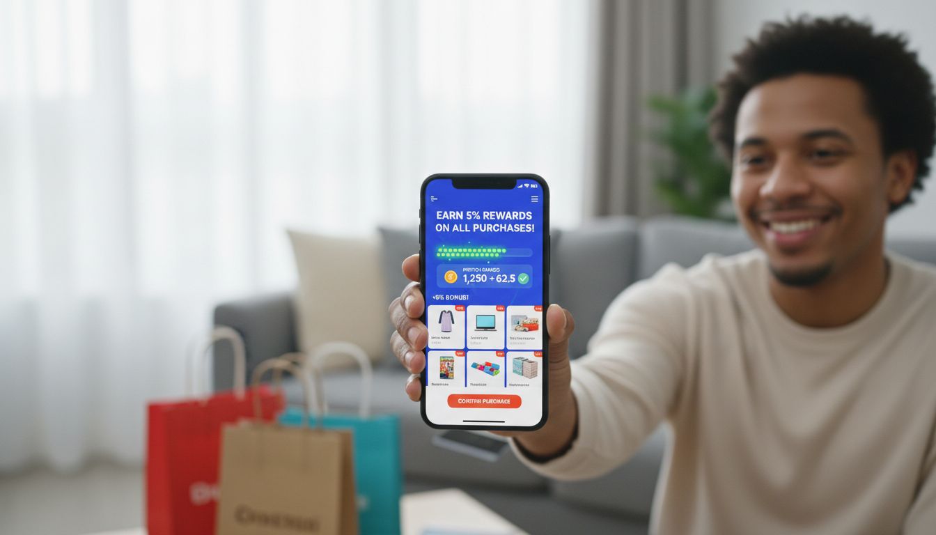 스마트폰으로 네이버 쇼핑을 하며 5퍼센트 적립 혜택을 받는 사용자 모습