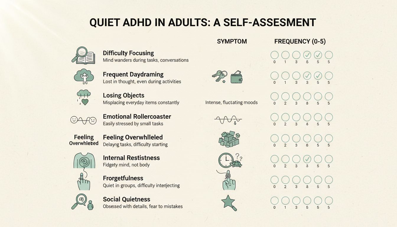 성인의 조용한 ADHD 증상 체크리스트와 주요 증상을 나타내는 일러스트