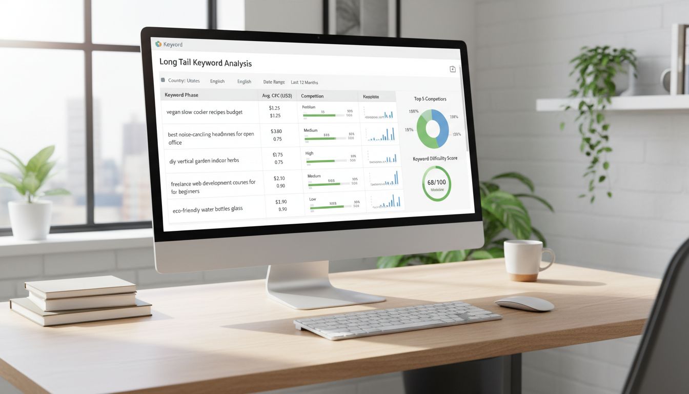 롱테일 키워드 및 CPC 분석을 보여주는 키워드 연구 도구 화면