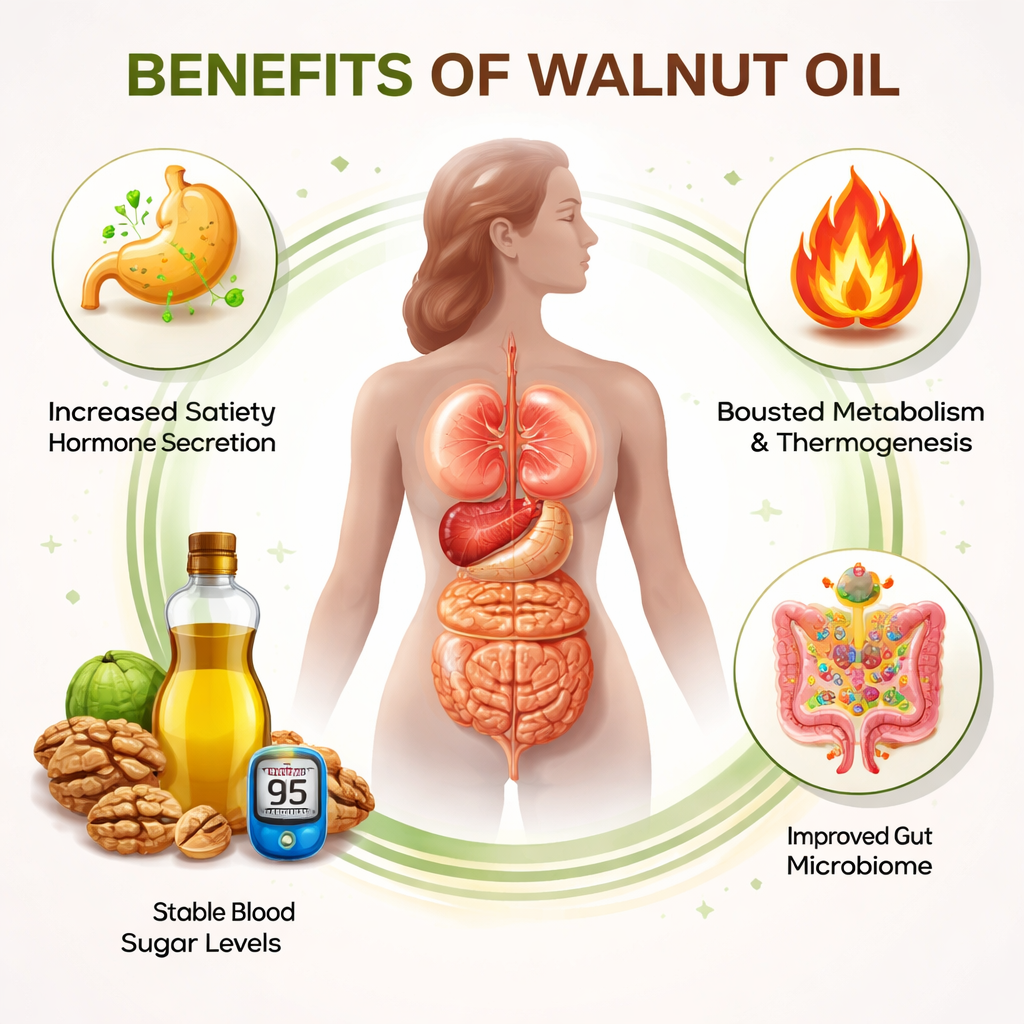호두 오일이 체중 관리에 미치는 과학적 효과를 시각화한 인포그래픽