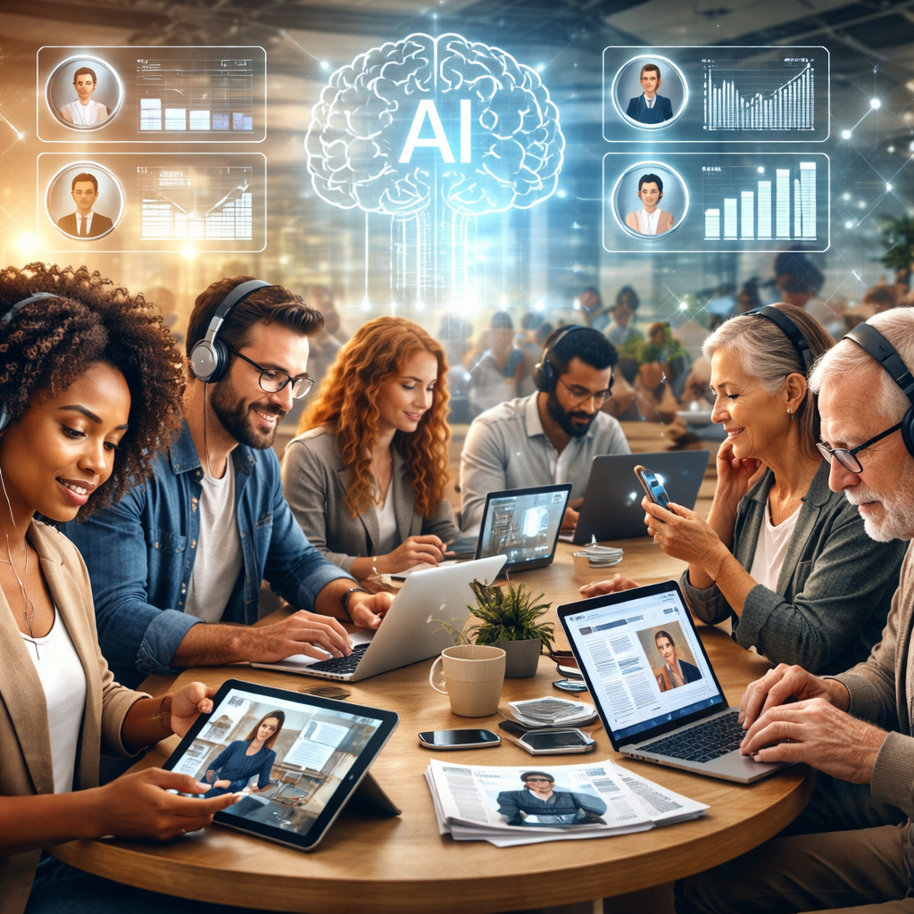 다양한 기기에서 AI 기반 개인 맞춤 학습을 하는 현대인의 평생 학습 풍경 이미지