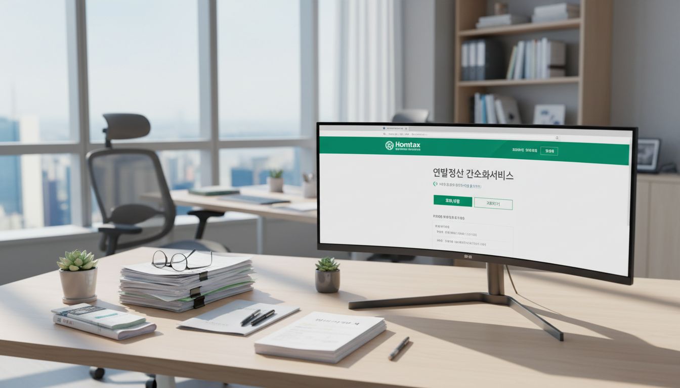국세청 홈택스 연말정산 간소화 서비스 페이지와 제출 서류를 준비하는 모습