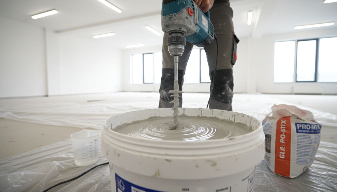 적절한 비율로 타일 본드를 믹서 드릴로 섞는 작업 과정