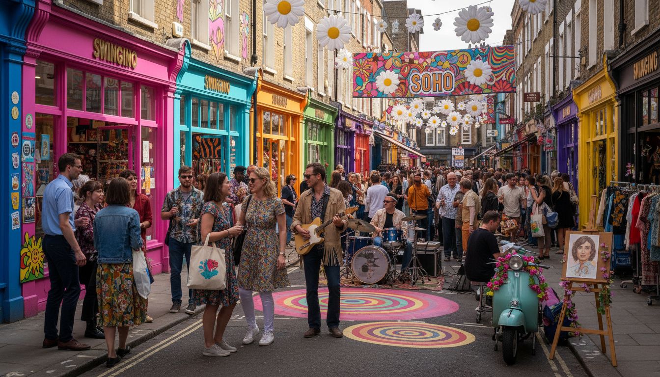 런던 소호 쇼핑 거리의 활기찬 분위기, 다양한 사람들과 개성 있는 부티크들이 어우러진 모습