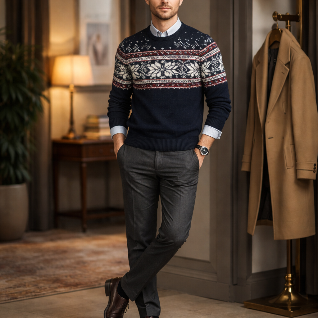 댄디 스타일로 옥스퍼드 셔츠와 노르딕 패턴 니트를 레이어드한 남성의 세련된 겨울 패션