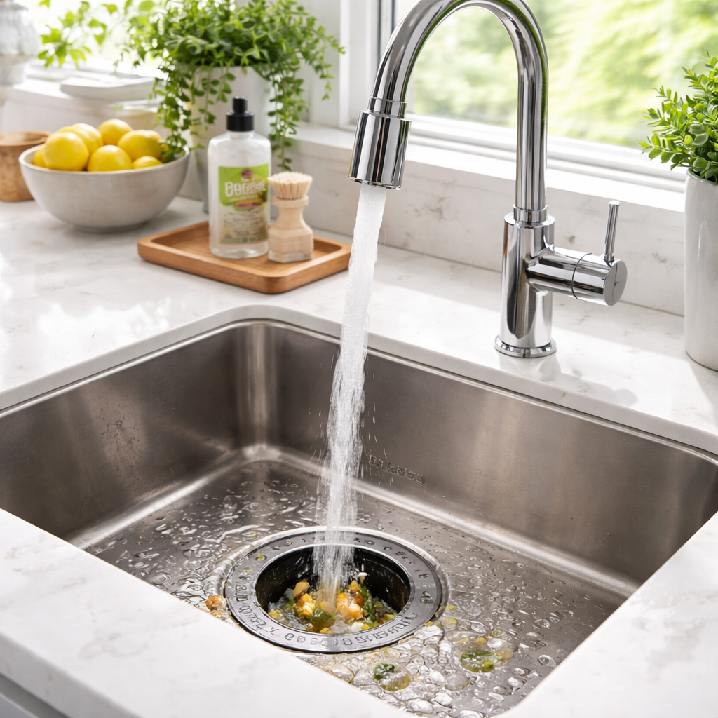 찬물을 틀어 깨끗이 관리된 음식물처리기 싱크대 주변의 쾌적한 주방 환경 모습