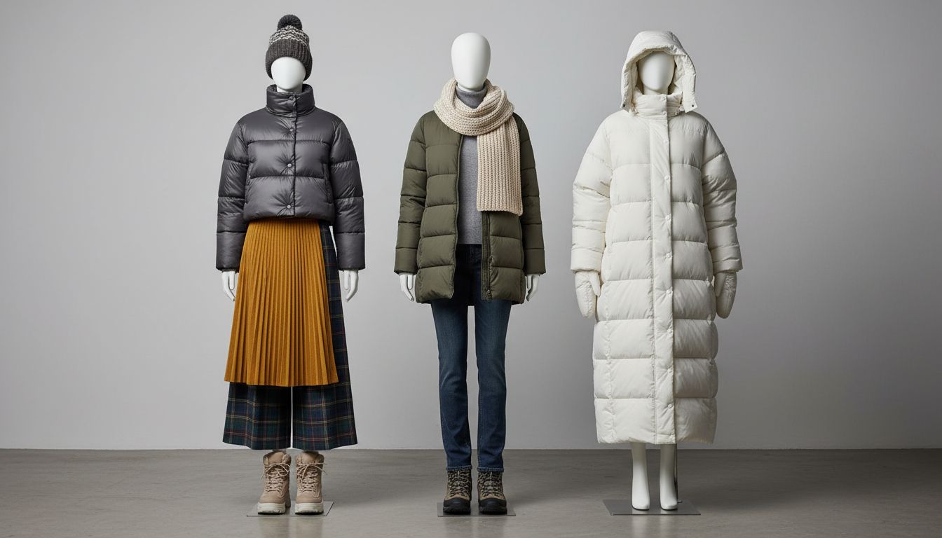 숏패딩, 미들패딩, 롱패딩 세 가지 길이별 겨울 패딩을 비교하는 선명한 실사 이미지