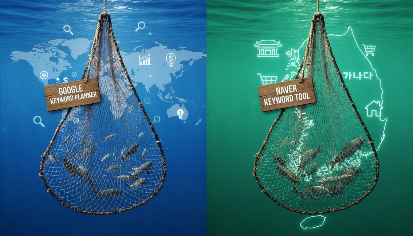 구글 키워드 플래너와 네이버 키워드 도구를 각각 전 세계와 국내 시장을 상징하는 두 개의 다른 낚시 그물로 표현한 이미지