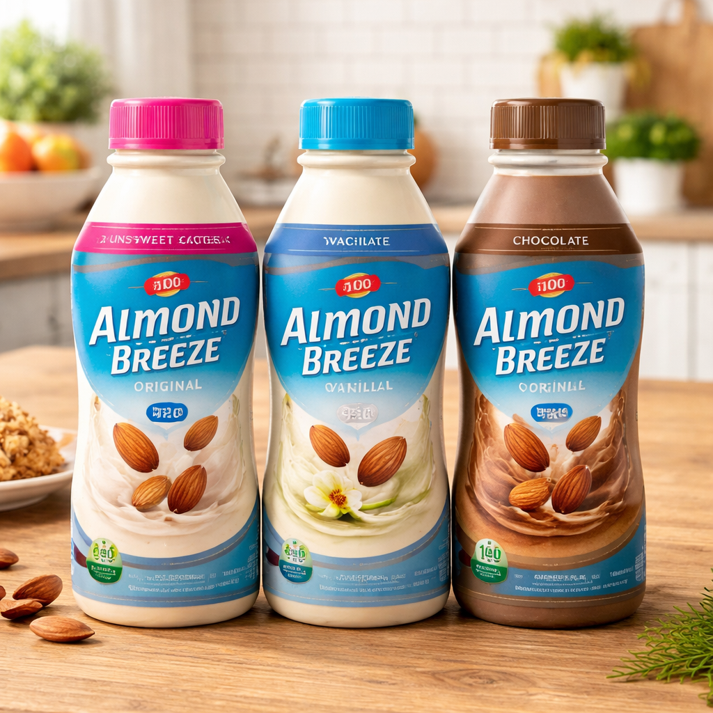 아몬드브리즈 언스위트, 오리지널, 맛가미 제품 세 가지가 주방 테이블 위에 놓여 있는 모습