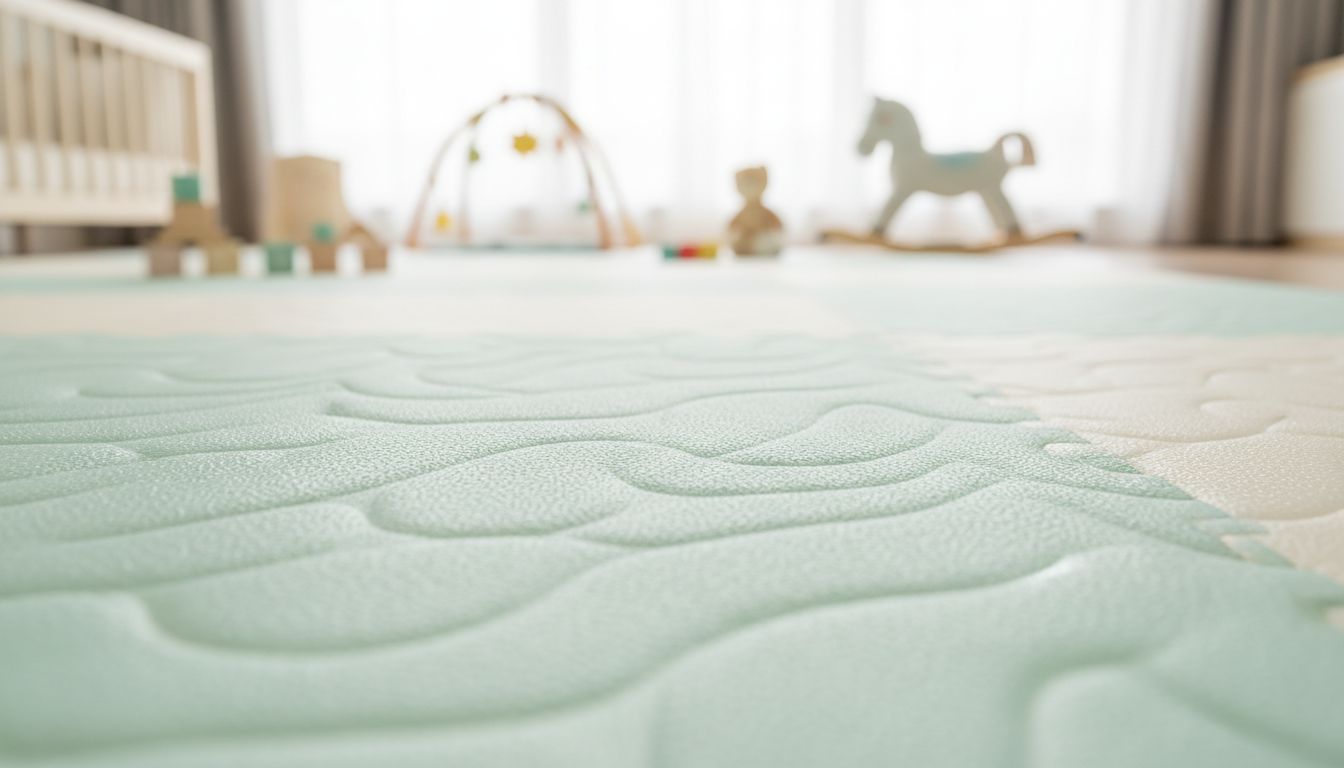 아기 피부에 안전하며 미끄럼 방지 처리가 된 TPU 매트 표면의 근접 촬영