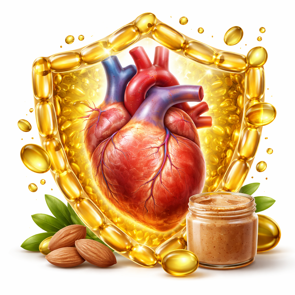 비타민 E 캡슐과 올리브 오일 방울로 이루어진 방패가 건강한 심장을 보호하는 모습을 표현한 고화질 실사 이미지