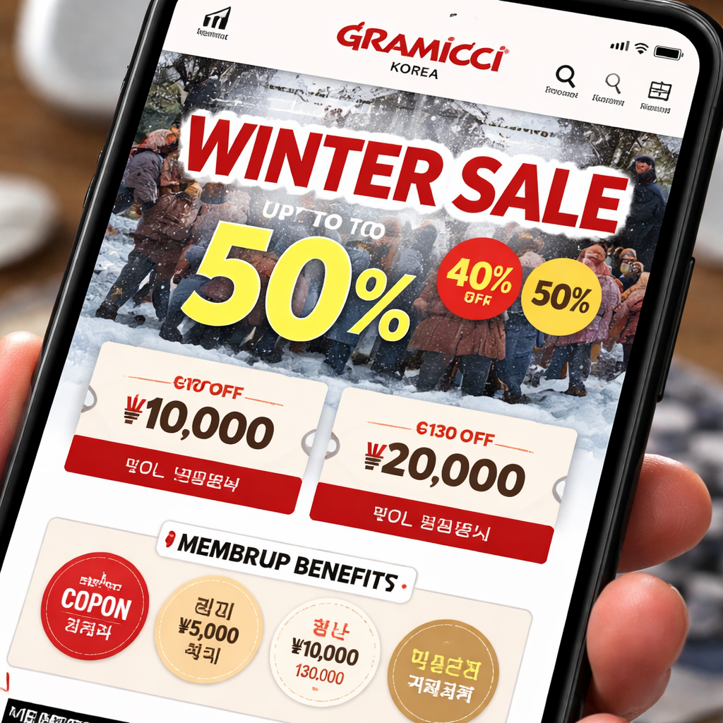 그라미치 코리아 공식 온라인 스토어에서 최대 40~50% 할인 및 신규 회원 쿠폰 혜택이 표시된 쇼핑 화면