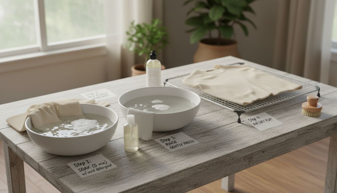 캐시미어 니트를 손세탁하고 올바르게 건조하는 과정의 모습