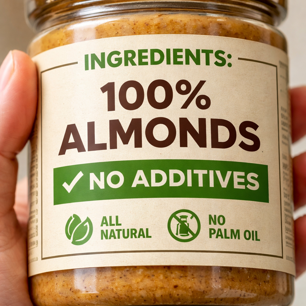 첨가물 없는 100% 아몬드 원재료명을 강조한 성분표를 들여다보는 손의 고화질 이미지