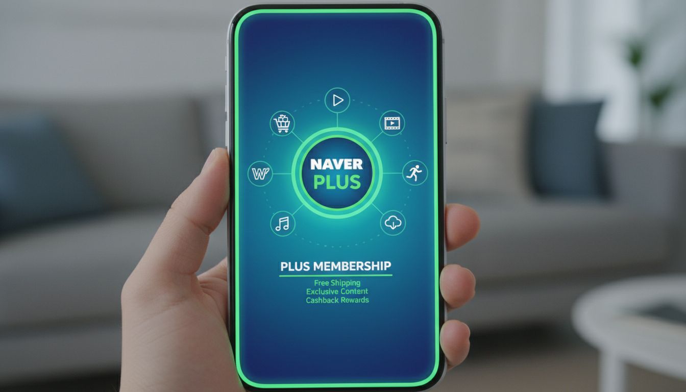 네이버 플러스 멤버십 혜택을 상징하는 쇼핑, 디지털 콘텐츠 아이콘과 멤버십 카드 이미지