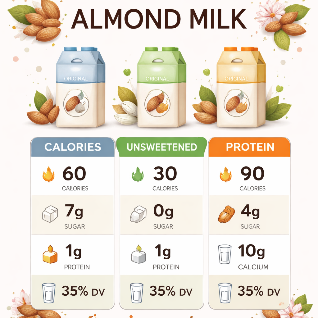 아몬드브리즈 오리지널, 언스위트, 프로틴 제품의 칼로리, 당류, 단백질, 칼슘 영양성분 비교 표를 깔끔한 인포그래픽으로 표현한 이미지