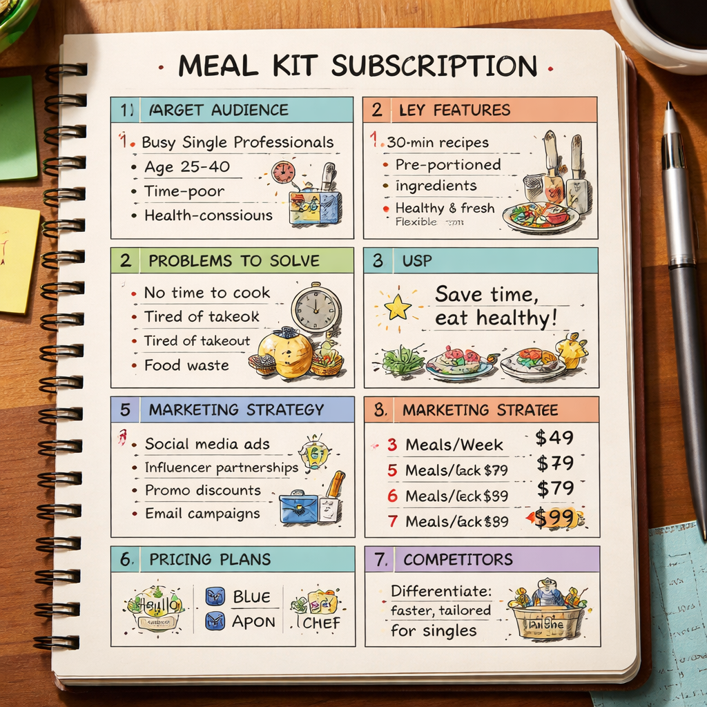 사업 노트 7가지 필수 항목이 적힌 노트 페이지와 관련 아이디어 스케치