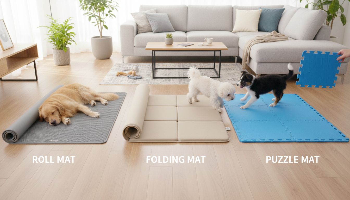 롤매트, 폴딩매트, 퍼즐매트 세 가지 강아지 관절 보호 매트 종류의 장단점과 사용 환경을 비교하는 이미지