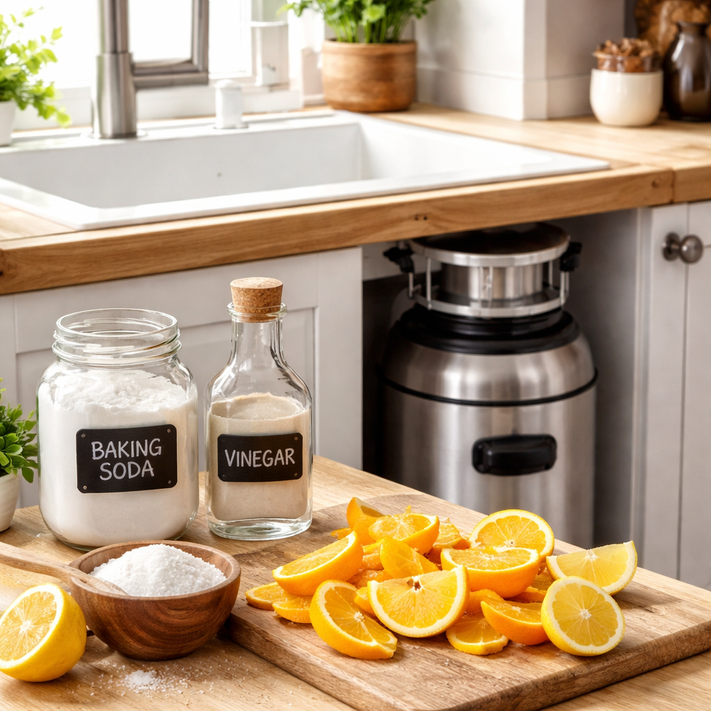 주방에 놓여진 레몬과 오렌지 껍질, 베이킹소다와 식초가 음식물처리기 옆에 있는 자연스러운 홈케어 장면