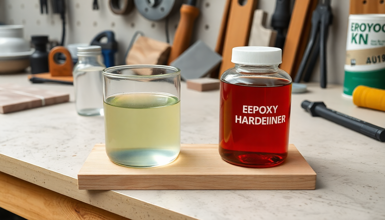 에폭시 본드용 주제와 경화제를 1:1 비율로 혼합하는 모습과 배경에 석재와 금속 재료가 준비된 작업대