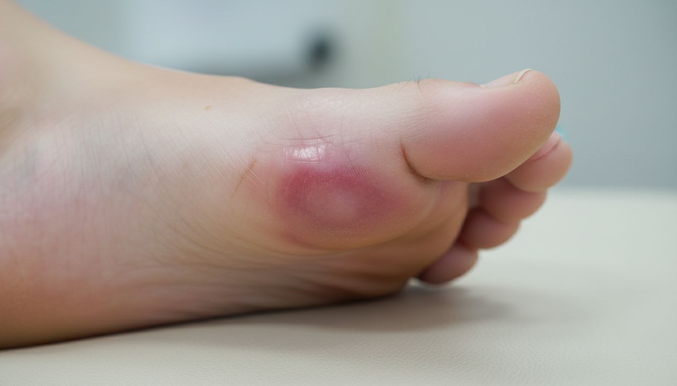 무지외반증으로 변형된 엄지발가락과 붉게 부어 오른 관절 부위의 클로즈업 사진