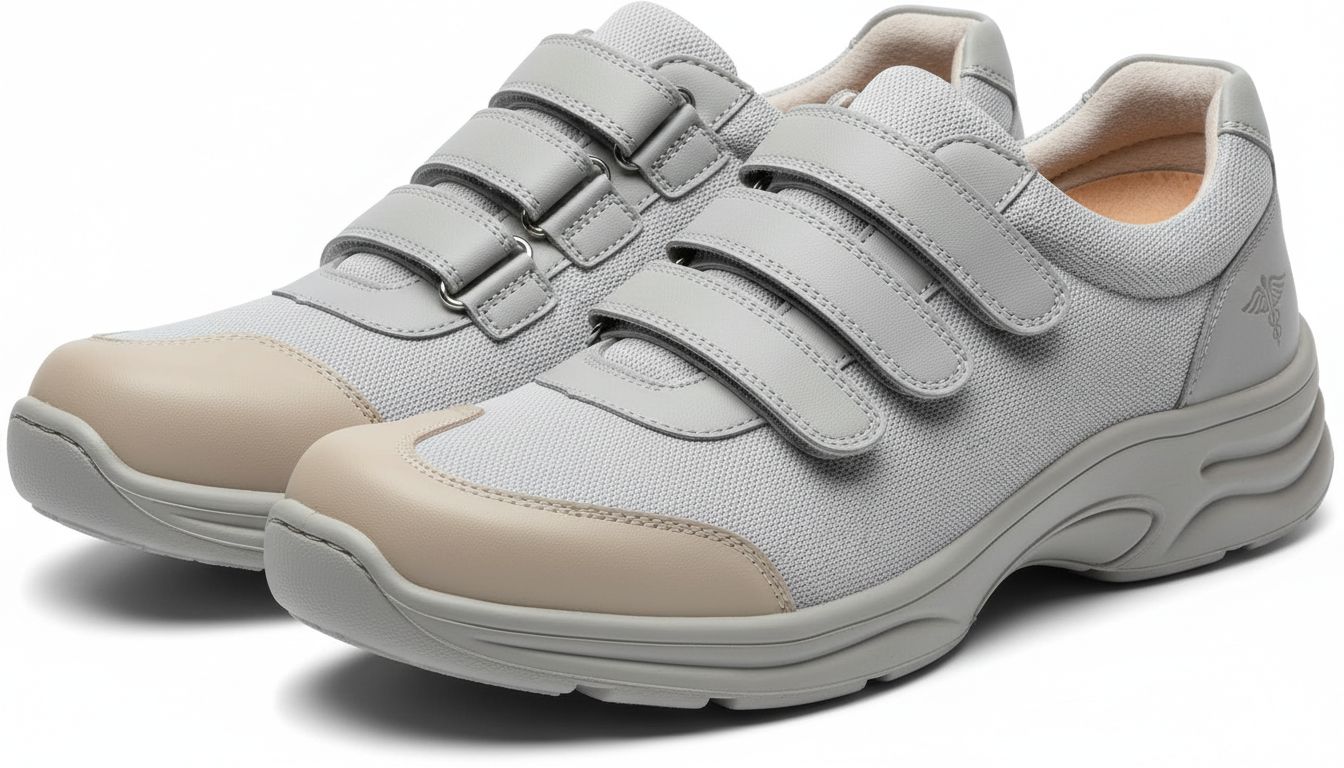 넓은 앞코와 지지력이 있는 인솔을 갖춘 무지외반증 교정 신발의 모습