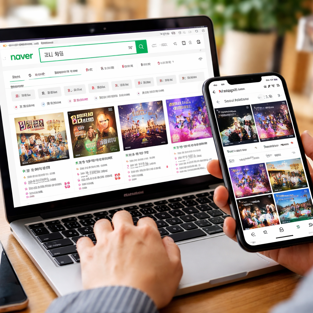 포털 사이트와 SNS에서 공연, 전시, 행사 정보를 검색하는 사람의 모습