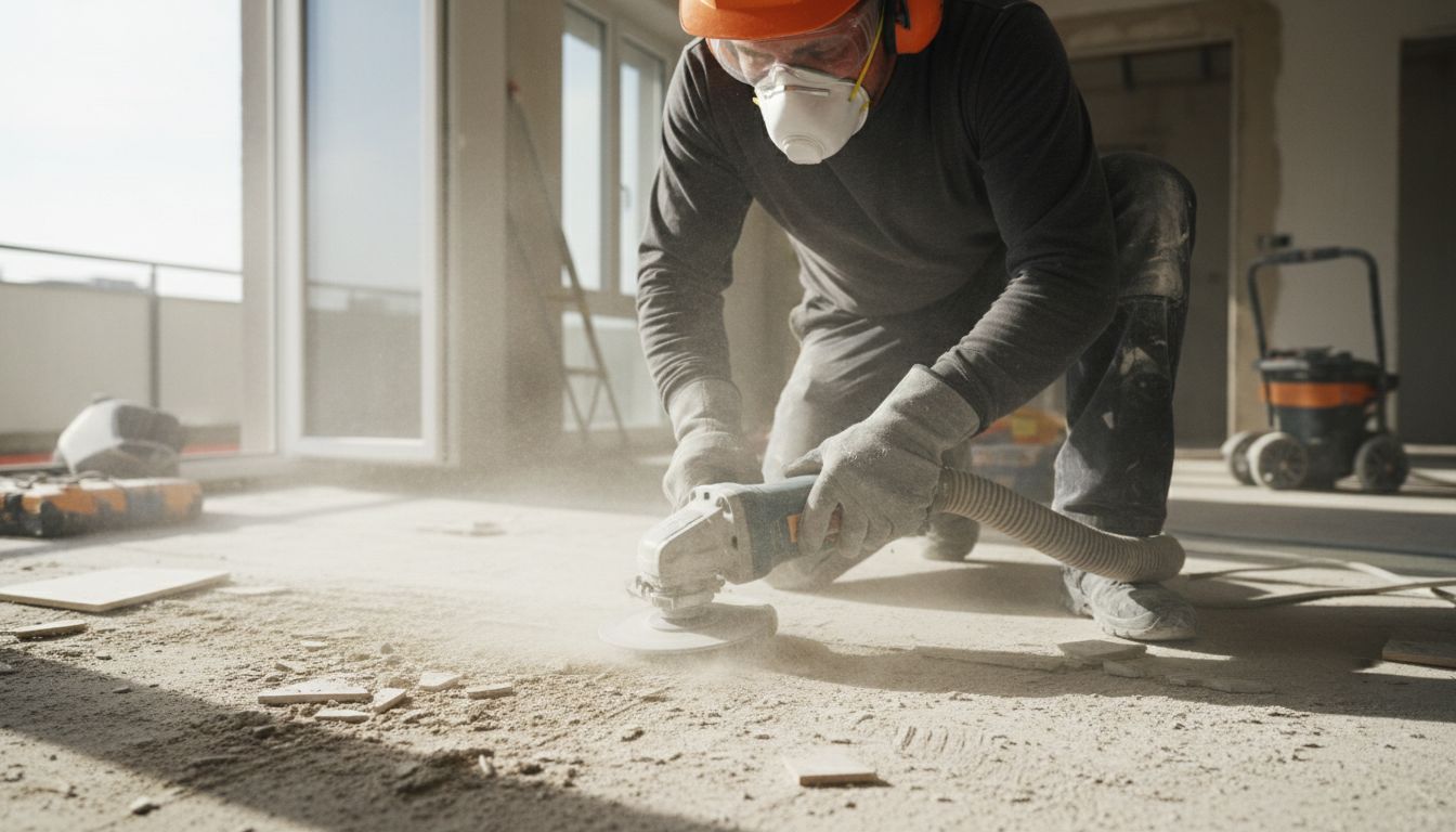 전동공구와 안전장비를 갖춘 작업자가 두꺼운 타일 본드와 분진 위에서 일하는 모습