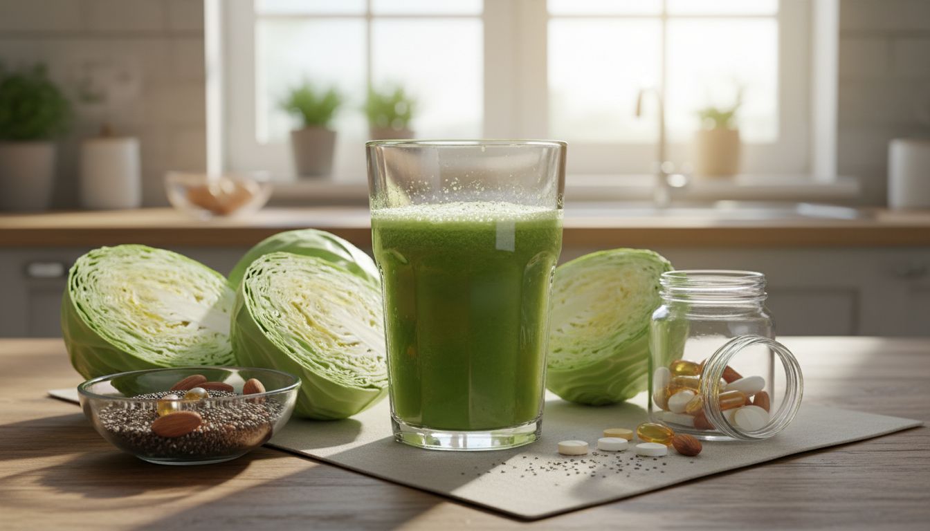 아침 공복에 신선한 양배추즙 한 잔과 유기농 양배추가 놓인 모습