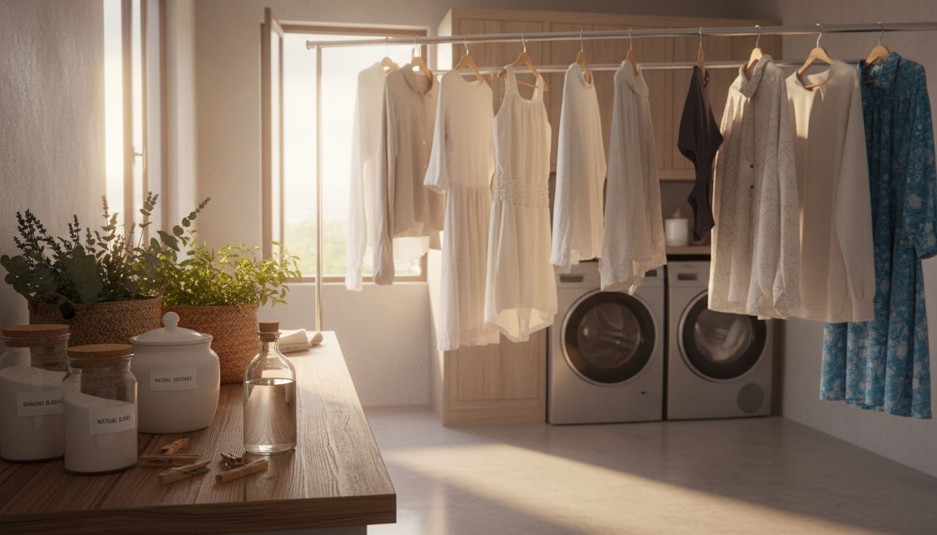 여름철 옷들이 햇볕 아래 널려있는 모습과 세탁용 천연 세제, 식초를 보여주는 깔끔한 세탁 공간 이미지