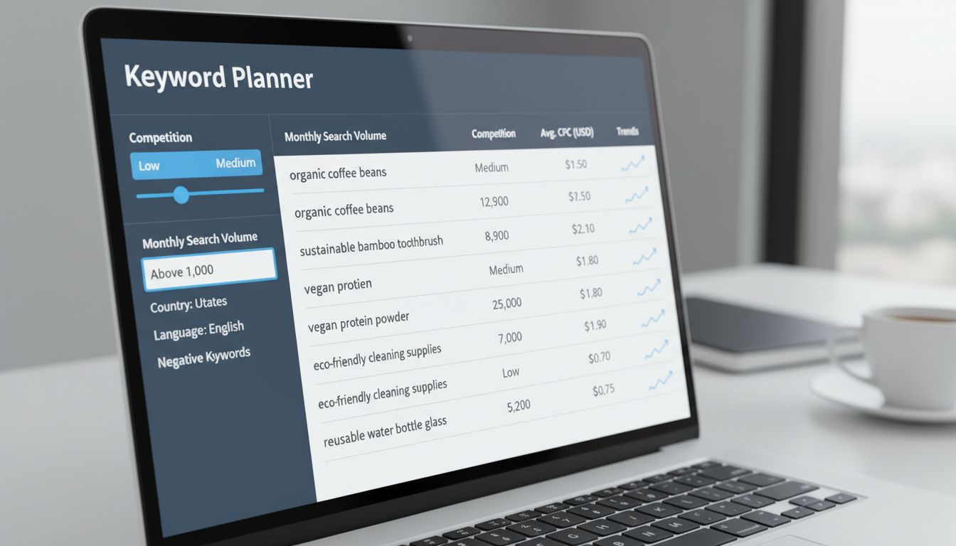 디지털 대시보드 화면에 키워드 플래너 필터가 경쟁 낮음에서 중간, 월간 검색량 1000 이상으로 적용되고 키워드 목록 결과가 보이는 모습