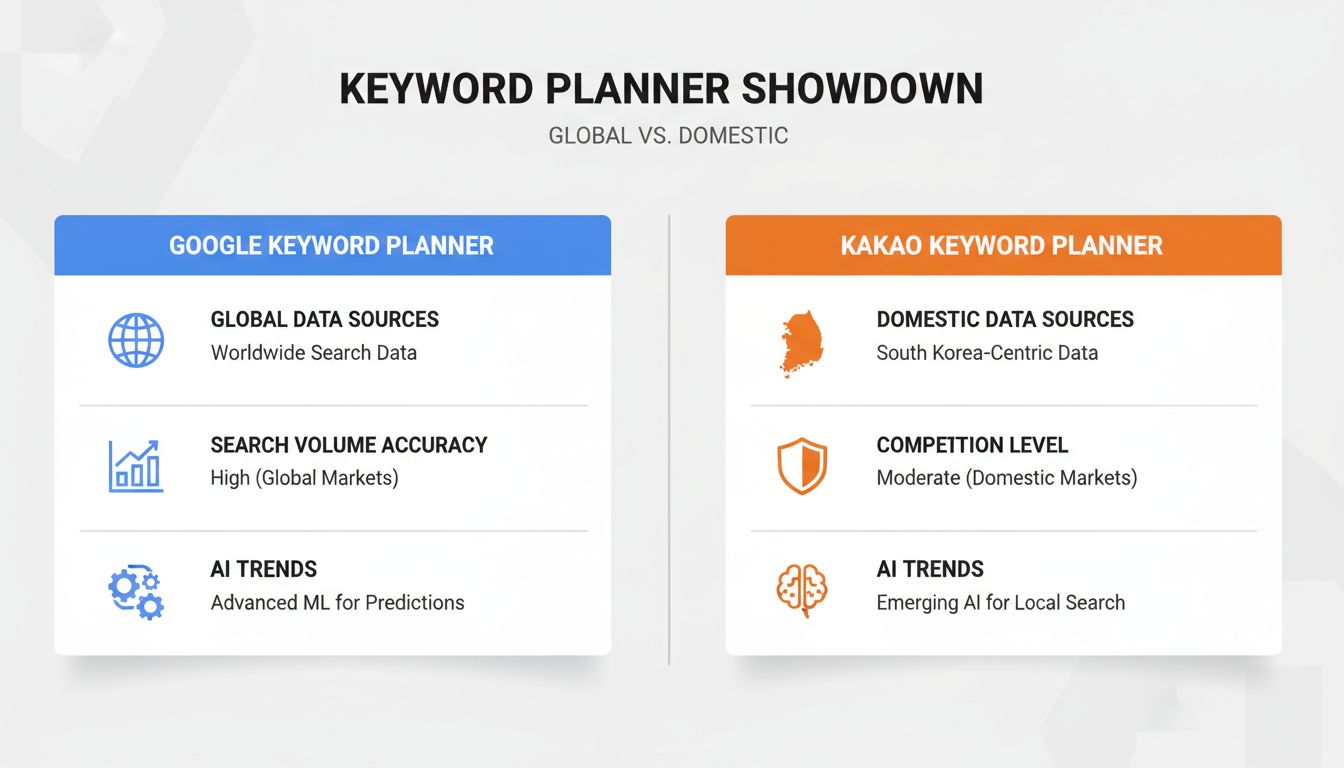 구글 키워드 플래너와 카카오 키워드 플래너의 특징을 비교한 인포그래픽 이미지