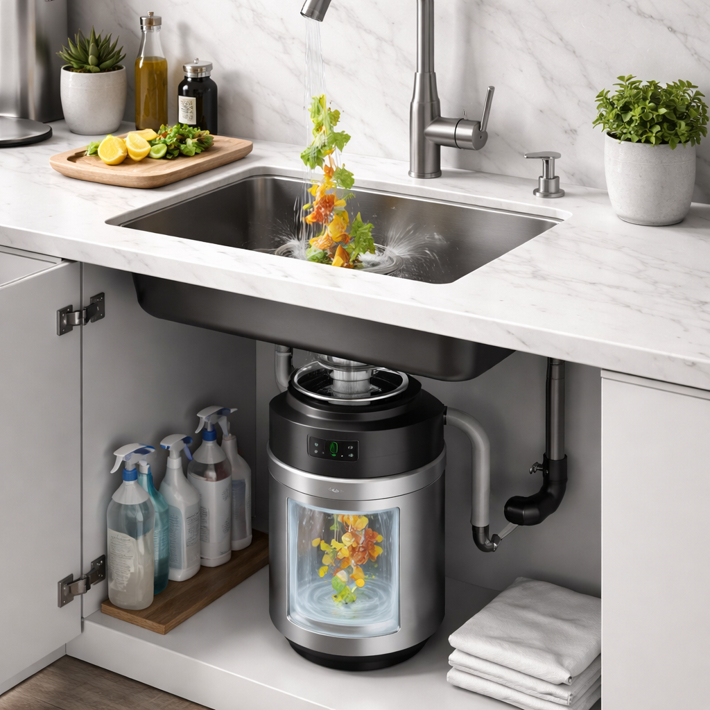 현대적인 주방 싱크대 아래 설치된 음식물 쓰레기 분쇄기 작동 모습