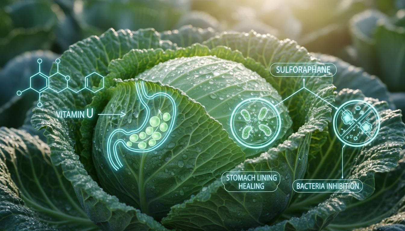 양배추의 신선한 모습과 위 점막 보호 및 헬리코박터균 억제 효과를 상징적으로 표현한 이미지