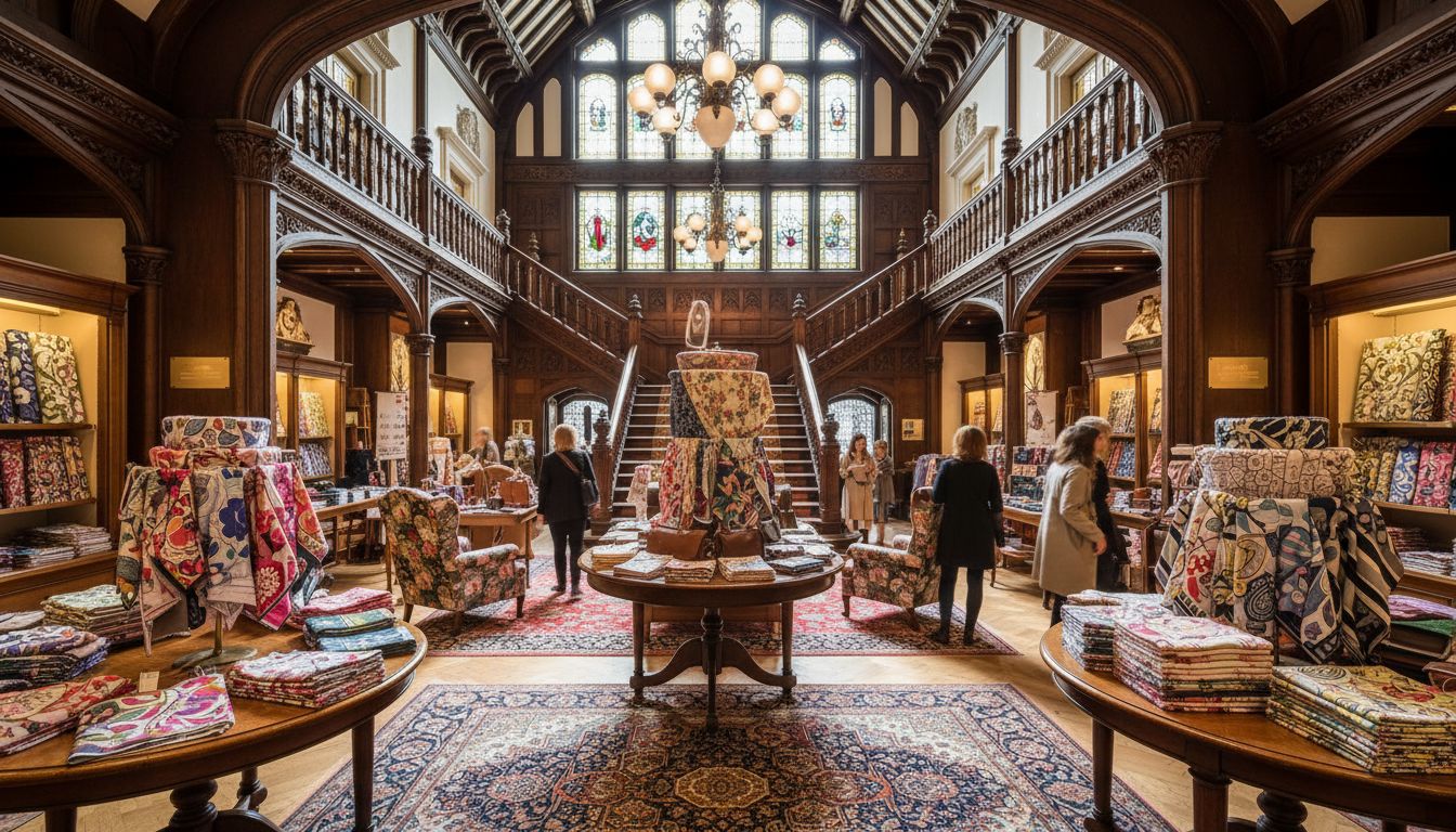 소호의 상징적인 독립 디자이너 쇼핑 명소인 리버티 런던의 목조 건물 외관과 내부 전경