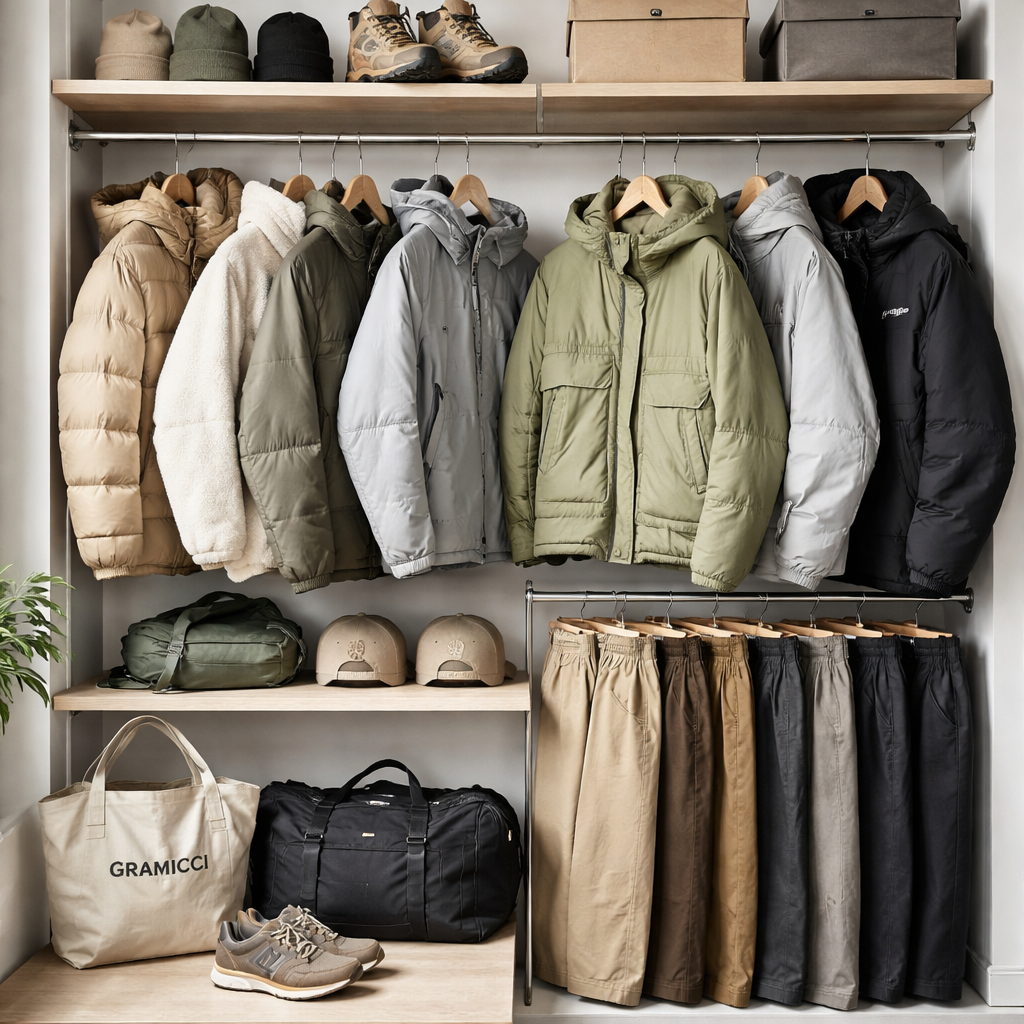 2025년 겨울 시즌을 반영한 그라미치 팬츠와 자켓이 포함된 세련된 도시 옷장 이미지