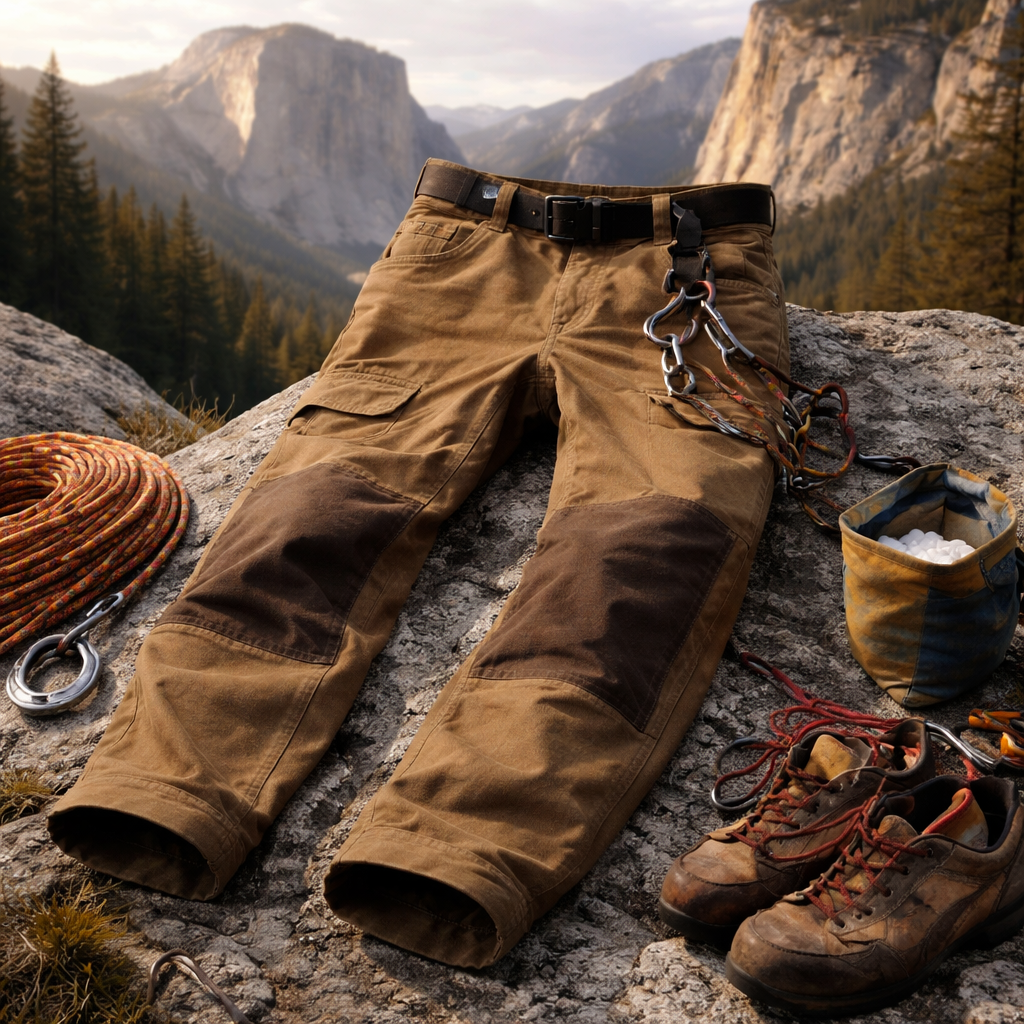 1980년대 요세미티 암벽 등반가 영감을 받은 그라미치 팬츠와 등반 장비, 기능적 디자인과 내구성 있는 소재 강조