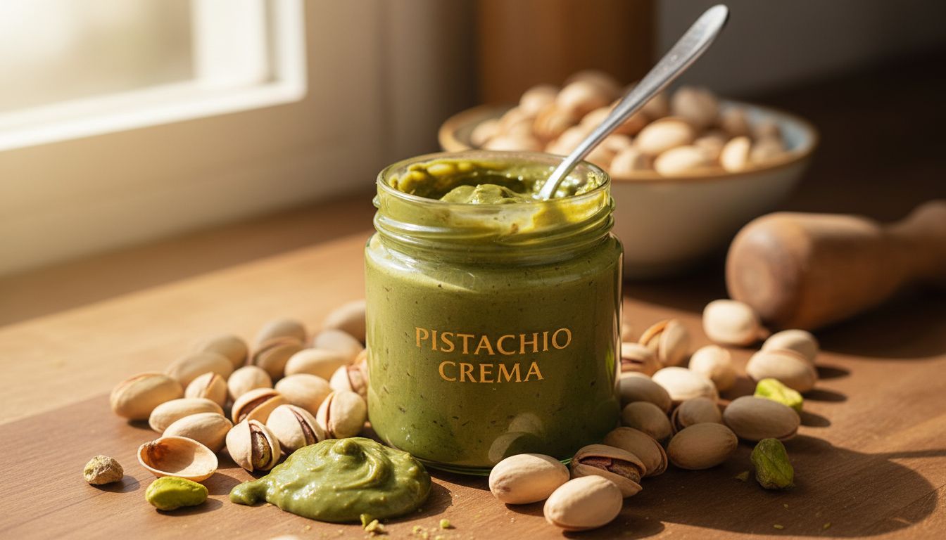 진한 녹색의 피스타치오 스프레드가 담긴 병과 주변에 놓인 피스타치오 견과류가 나무 주방 조리대 위에 놓여 있는 모습