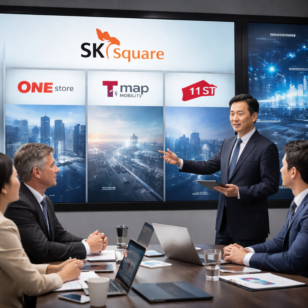 SK스퀘어 주요 자회사와 포트폴리오를 논의하는 투자자들의 비즈니스 장면 이미지