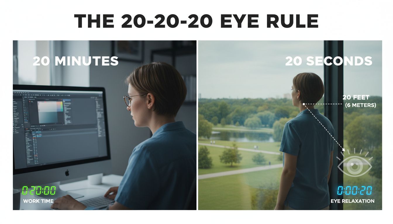 20-20-20 규칙을 실천하는 사람, 근거리 작업 후 먼 곳을 바라보며 눈을 쉬는 모습